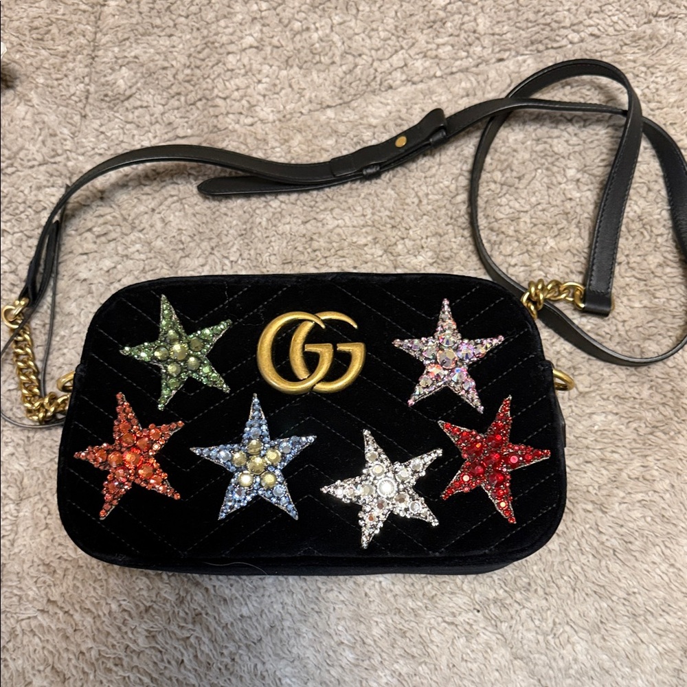 Gucci Black Velvet Crossbody with Multicolor Star Embellishments